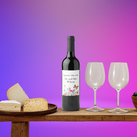 Waterverf Vlinder en Wildbloemen Bruiloft Wijn Etiket