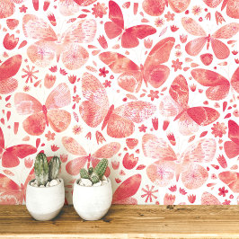 Waterverf Vlinder Koraal Roze Kunst Behang