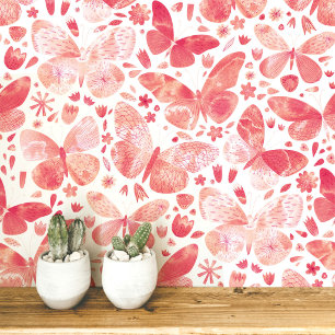Waterverf Vlinder Koraal Roze Kunst Behang