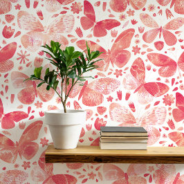 Waterverf vlinder koraal roze kunst behang