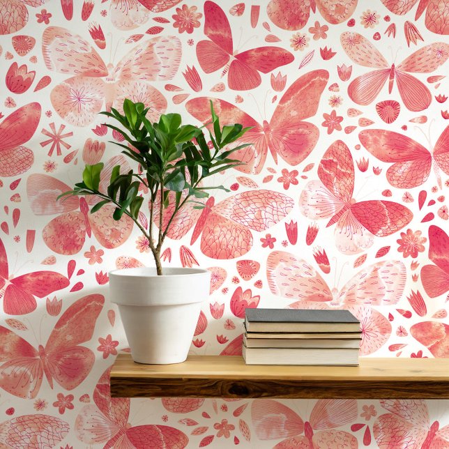 Waterverf vlinder koraal roze kunst behang (Coral blush pink and white watercolor butterfly pattern art wallpaper)