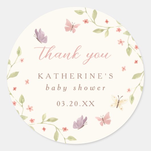 Waterverf vlinder meisje Baby shower dank u Ronde Sticker (Voorkant)