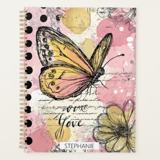 Waterverf Vlinder Roze Goud Boho Natuur Kunst (2) Planner (Voorkant)