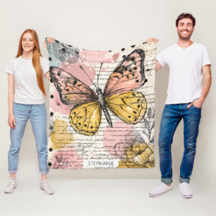Waterverf Vlinder Roze Goud Boho Natuur Kunst (3) Fleece Deken