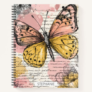 Waterverf Vlinder Roze Goud Boho Natuur Kunst (3) Notitieboek