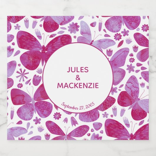 Waterverf vlinder roze likeurfles etiket (Enkel label)