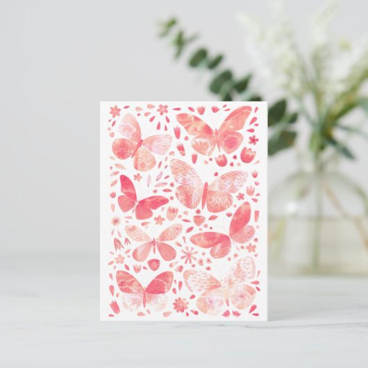 Waterverf vlinderroze briefkaart (Staand voorkant)