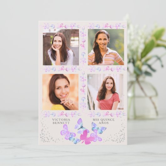 Waterverf Vlinders 4 Foto Quinceanera Kaart (Staand voorkant)