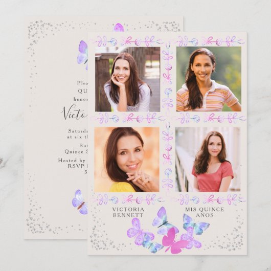 Waterverf Vlinders 4 Foto Quinceanera Kaart (Voorkant / Achterkant)