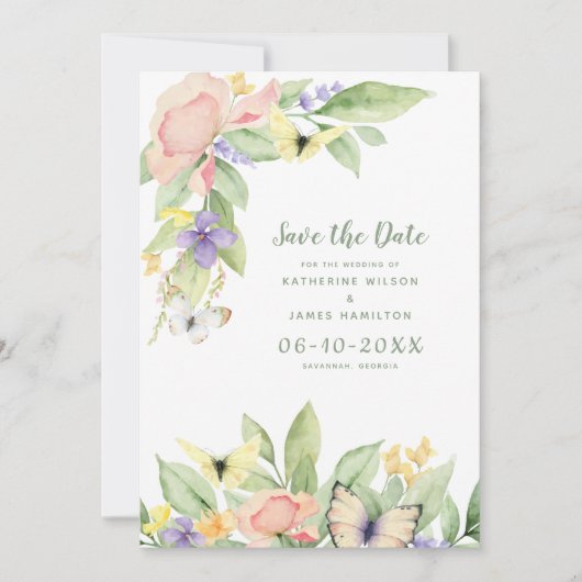 Waterverf Vlinders Bloemen Elegant Salie Groen Save The Date (Voorkant)