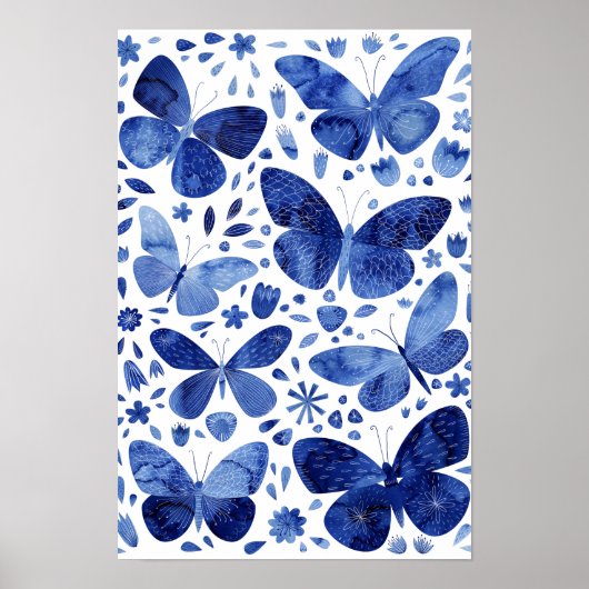 Waterverf Vlinders Indigo Blauw Poster (Voorkant)