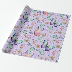 Waterverf Vlinders Naadloos Patroon Paarse Cadeaupapier