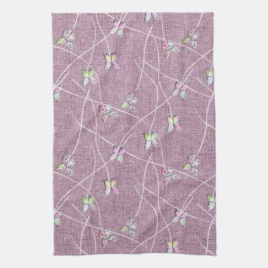 Waterverf Vlinders op Stof Roze Theedoek (Verticaal)