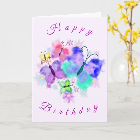 Waterverf Vlinders Verjaardag Kaart (Gele Bloem)