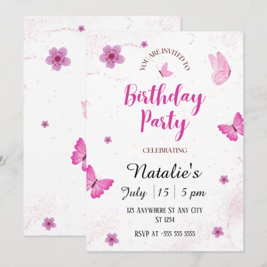 Waterverf vlinders Verjaardagsfeestje Uitnodiging (Voorkant / Achterkant)