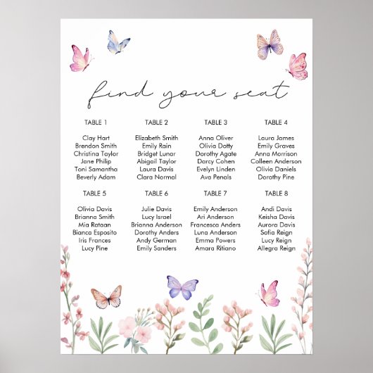 Waterverf Vlinders Vrijgezellenfeest Zitkaarten Poster (Voorkant)