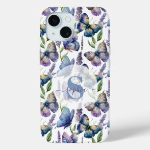 Waterverf Vlinders Wisteria Bloem Monogram iPhone 15 Case