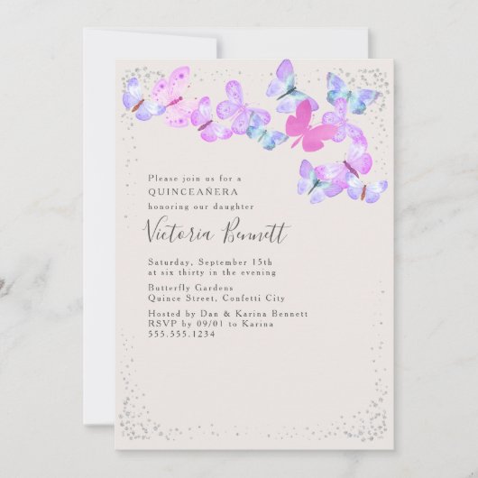 Waterverf Vlinders Zilveren Confetti Quinceanera Kaart (Voorkant)