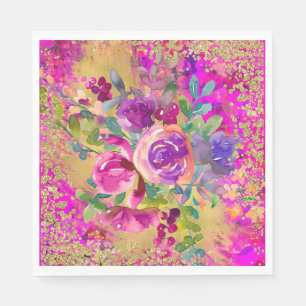 Waterverf Vloeiende Bouquet op Roze Glitter Servet