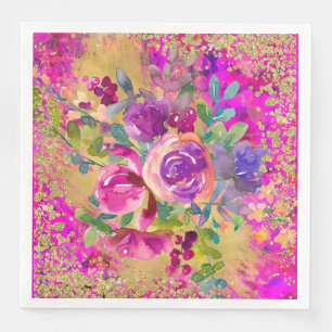 Waterverf Vloeiende Bouquet op Roze Glitter Servet