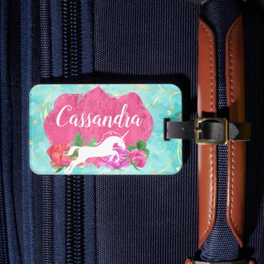 Waterverf Vloer Unicorn Roze Blauwe Meisjes Naam Bagagelabel (Voorkant Insitu 4)
