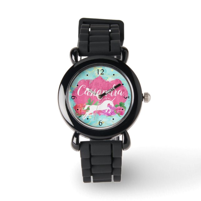 Waterverf Vloer Unicorn Roze Blauwe Meisjes Naam Horloge (Voorkant)