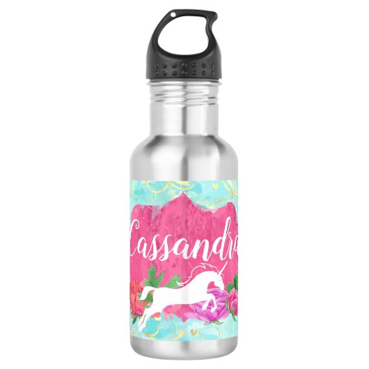 Waterverf Vloer Unicorn Roze Blauwe Meisjes Naam Waterfles (Voorkant)