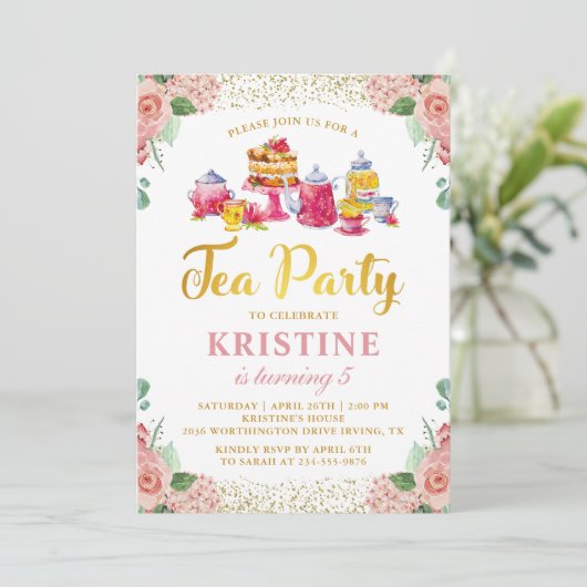 Waterverf Vloertuin Tea Party Girls Birthday Kaart (Staand voorkant)