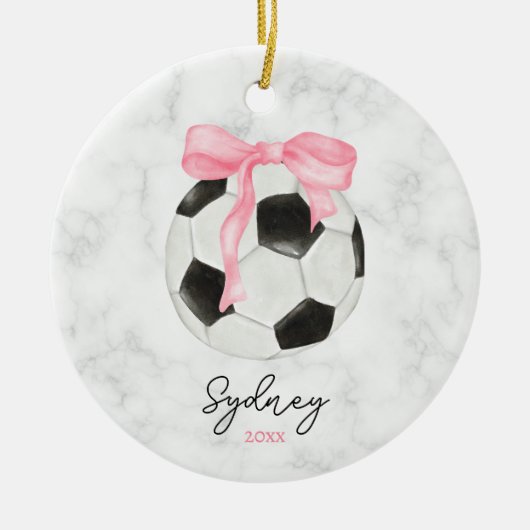 Waterverf Voetbal en Roze Grandmillenial Bow Keramisch Ornament (Voorkant)
