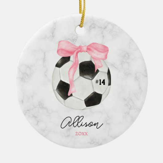 Waterverf Voetbal met Roze Coquette Bow Keramisch Ornament (Voorkant)