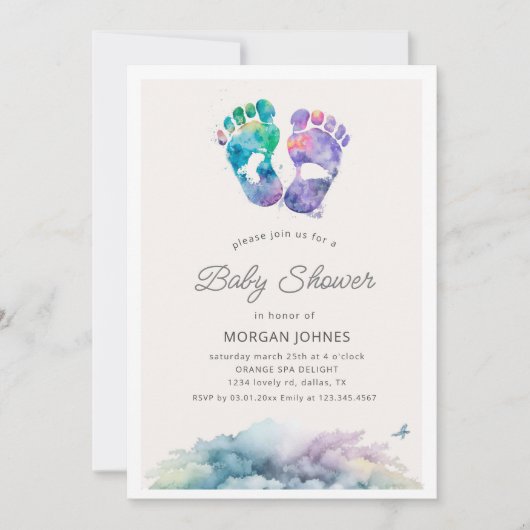 waterverf voetstempel baby shower uitnodiging (Voorkant)