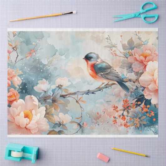 Waterverf vogel en roze bloemen decoupage tissuepapier (Craft)