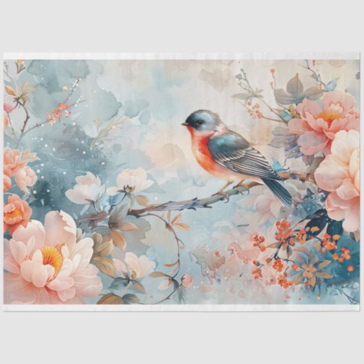 Waterverf vogel en roze bloemen decoupage tissuepapier (Voorkant)