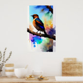 Waterverf vogel in de tak poster (Keuken)