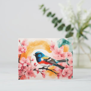 Waterverf Vogel In Lente Kersenbloesems Briefkaart