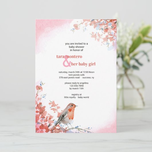 Waterverf vogel in roze uitnodiging (Staand voorkant)