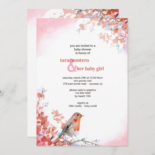 Waterverf vogel in roze uitnodiging (Voorkant / Achterkant)