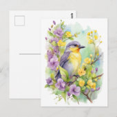 Waterverf vogel met paarse en gele bloemen briefkaart (Voorkant / Achterkant)
