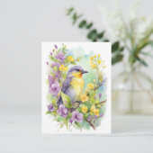 Waterverf Vogel met Violet en Gele Bloemen Briefkaart (Staand voorkant)