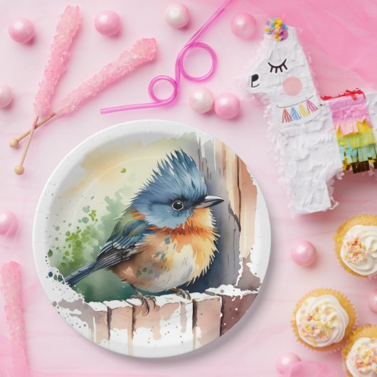 Waterverf vogel op een hek papieren bordje (Feest)