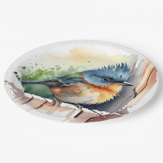 Waterverf vogel op een hek papieren bordje (Gekanteld)