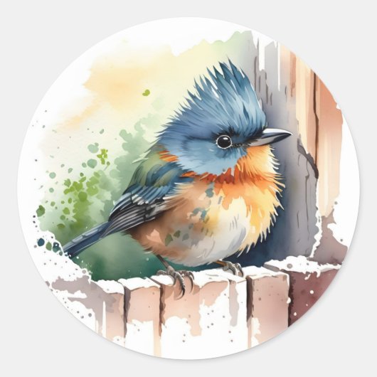 Waterverf vogel op een hek ronde sticker (Voorkant)
