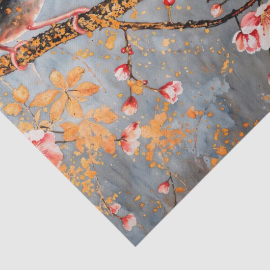 Waterverf vogel op kersenbloesem tissuepapier (Detail)