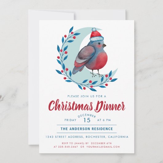 Waterverf Vogel Op Maan Kerstmis Diner Feest Kaart (Voorkant)