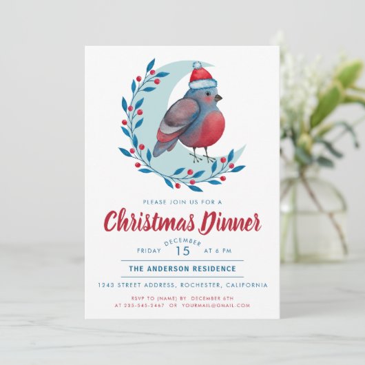 Waterverf Vogel Op Maan Kerstmis Diner Feest Kaart (Staand voorkant)