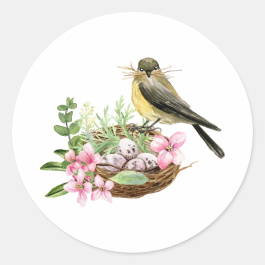 Waterverf Vogel op nestgebied met roze bloemen Ronde Sticker (Voorkant)
