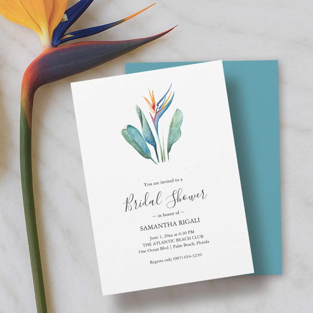 Waterverf Vogel van het Vrijgezellenfeest van het  (Bridal shower luncheon invitations tropical bird of paradise art Victoria Grigaliunas DoTellABelle)