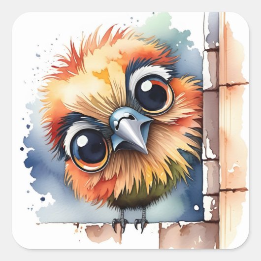 Waterverf Vogel Zittend Op Een Muur Vierkante Sticker (Voorkant)