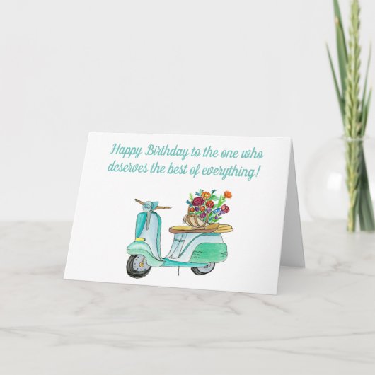 Waterverf vogeldagscooter met mand bloemen kaart (Voorkant)