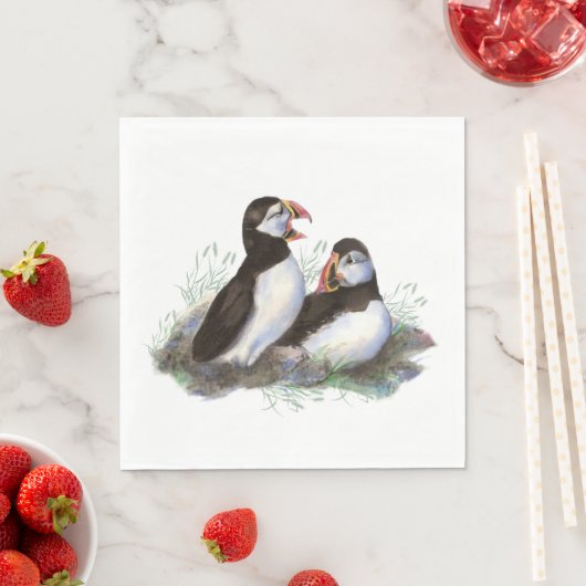 Waterverf Vogelfamilie in de Puffin Ocean Wildlife Servetten (Insitu)